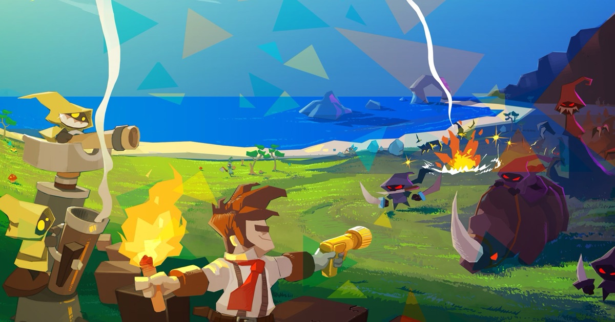 A hero with a torch and blaster defends the island beside Wildling turrets as the Ferals attack